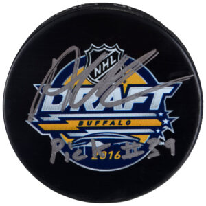 Alex DeBrincat Ottawa Senators Autographed 2016 NHL Draft Logo Hockey Puck with "Pick #39" Inscription