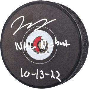 Jake Sanderson Ottawa Senators Autographed Hockey Puck with "NHL Debut 10-13-22" Inscription